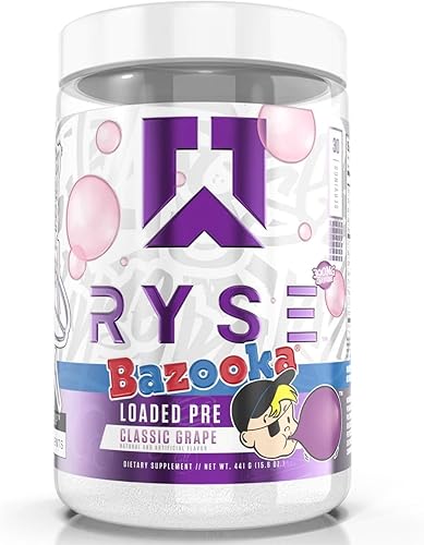 Ryse Core Series Loaded Pre Bomba, energía, fuerza L-citrulina, beta alanina, L-teanina, cafeína y Thinkamine 30 porciones (Bubble Gum Uva)