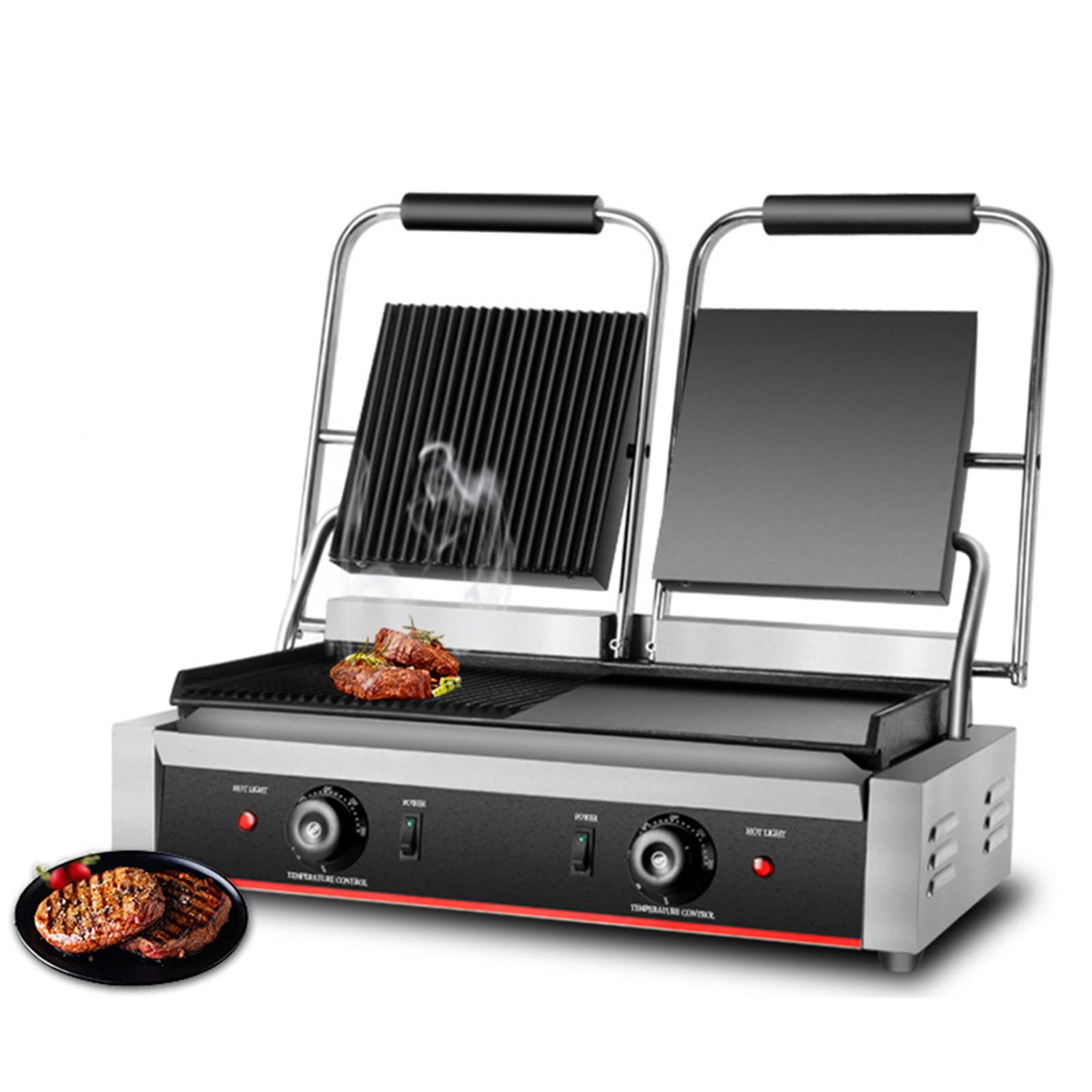 AIZYR Griglia per Panini Professionale in Acciaio Inossidabile Tostapane Elettrico per Panini con Doppio Controllo della Temperatura 122-572℉ per Hamburger Sandwich Steaks