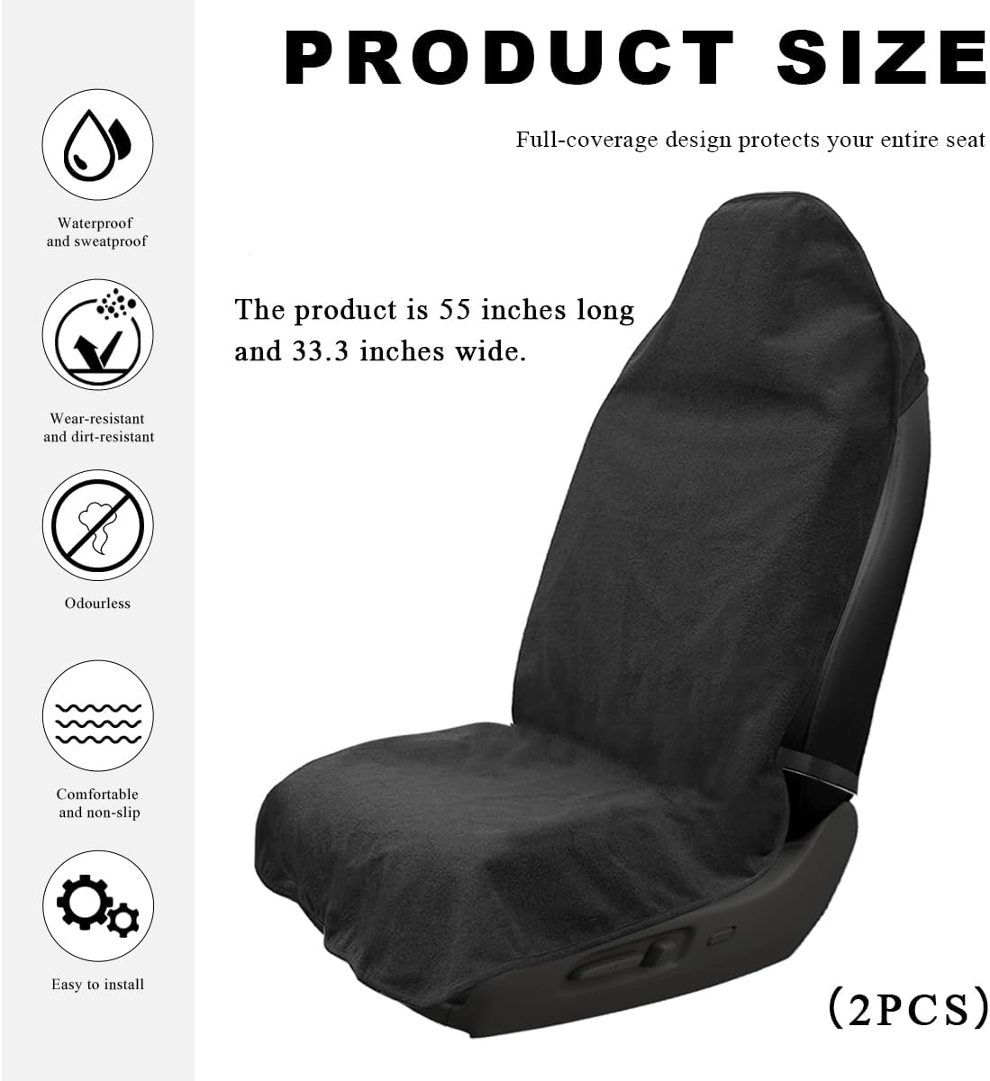2PCS Car Towel Seat Cover, Waterproof Sweating Non-Slip Premium Soft Towel Carseat Protector, Universal Machine Washable Car Truck SUV Front Seat Cover for Gym Workout Beach Hiking (Black)