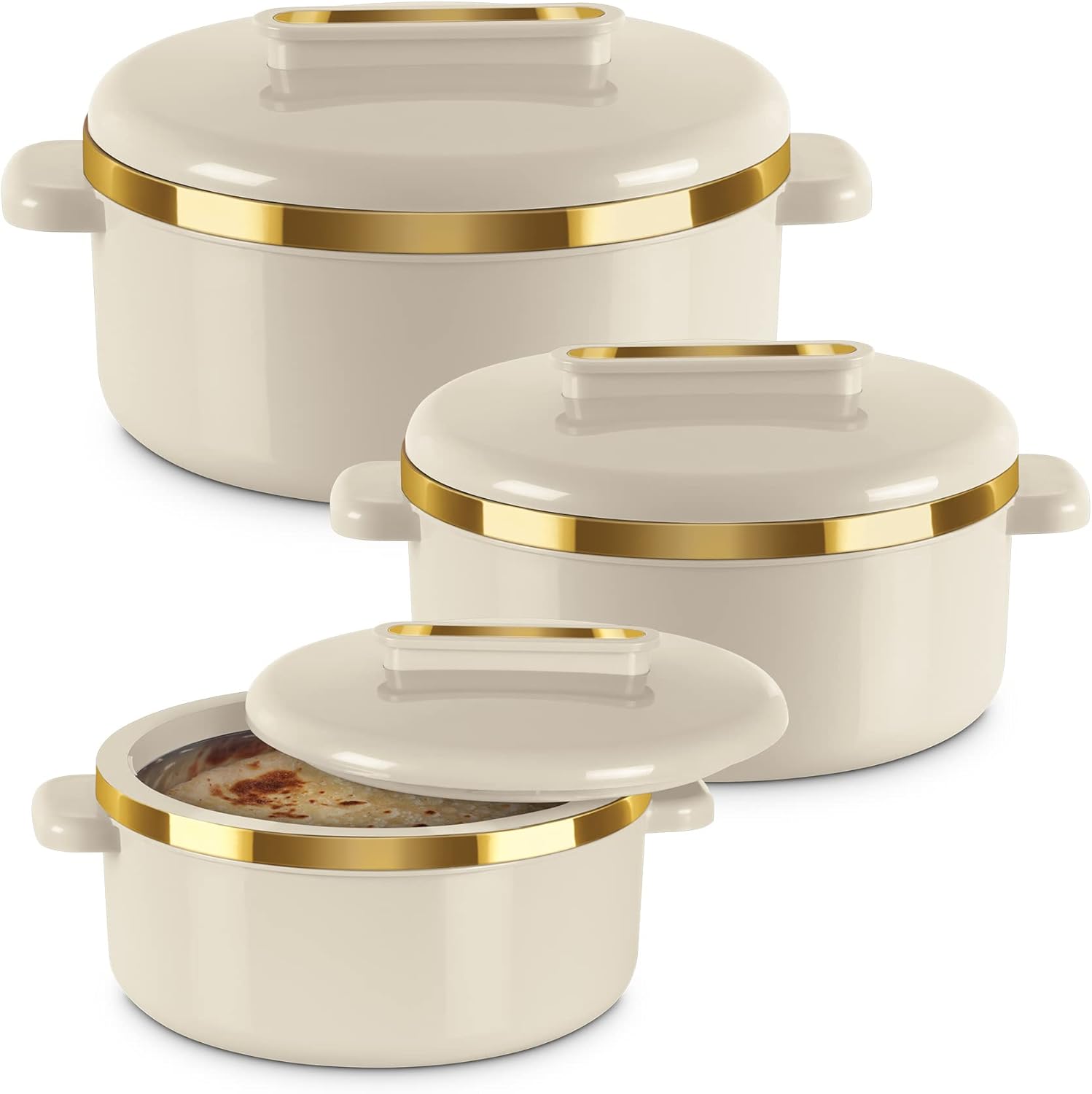 MILTON Curve Inner Stainless Steel Casserole Set of 3 (450 ml, 840 ml, 1300 ml), Ivory | BPA Free | Food Grade | Easy to Carry | Easy to Store | Chapati | Roti | Curd Maker