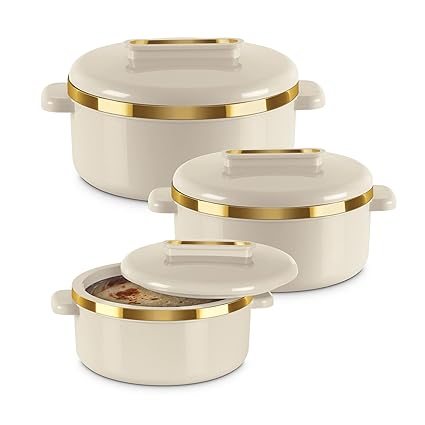 MILTON Curve Inner Stainless Steel Casserole Set of 3 (450 ml, 840 ml, 1300 ml), Ivory | BPA Free | Food Grade | Easy to Carry | Easy to Store | Chapati | Roti | Curd Maker