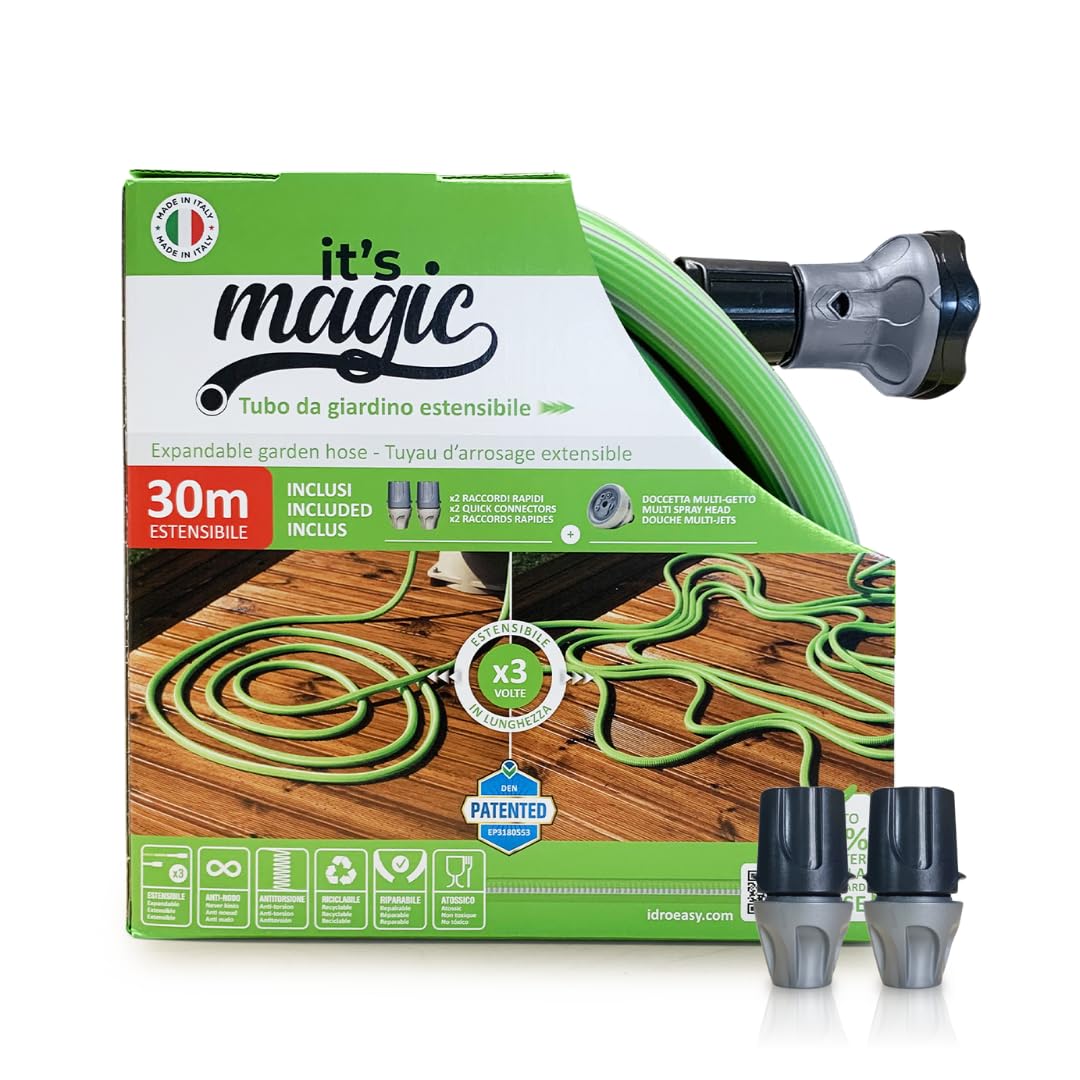 Idroeasy, manguera de jardín extensible de 30 metros, 5/8" de diámetro, manguera de riego extensible de 3 vías, resistente a nudos y torsiones, no tóxica, ligera, ahorra espacio, Made In Italy
