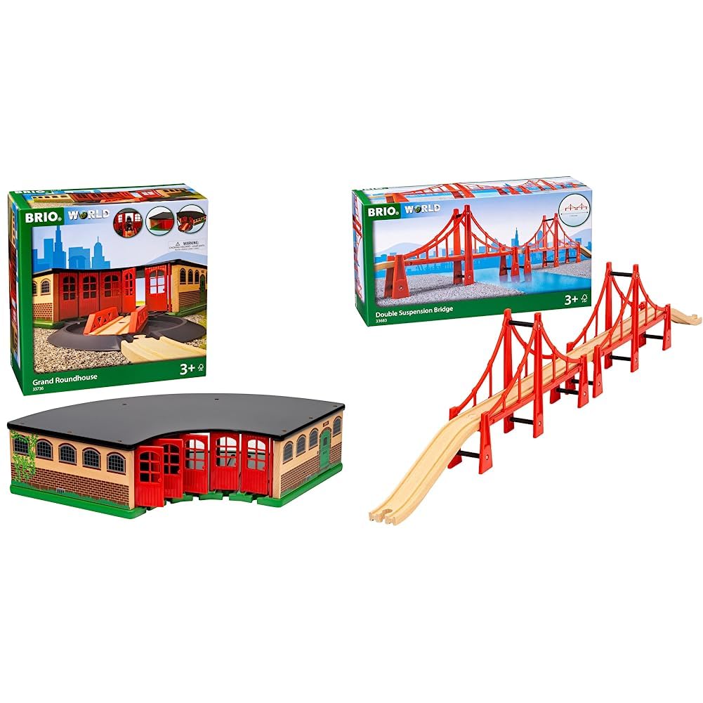 BRIO Eisenbahn Großer Ringlokschuppen Mit Drehscheibe & World 33683 - Hängebrücke - Eisenbahnzubehör für die BRIO Holzeisenbahn - Kleinkinderspielzeug empfohlen für Kinder ab 3 Jahren