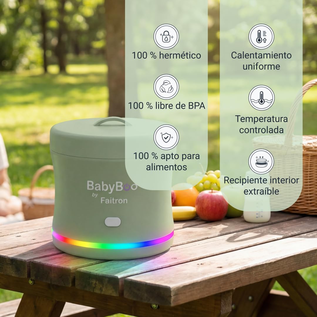 BABYBOO Calentador de biberón portátil - Calentador de biberón y alimentos para bebés con batería, control a través de aplicación, calentamiento rápido 70 W, anillo LED, hasta 45 °C, bandeja extraíble