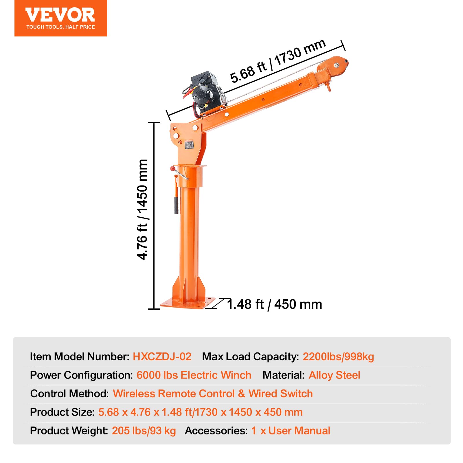 VEVOR Grue de levage électrique pour camionnettes, 998 kg, grue montée sur attelage avec treuil électrique de 2722 kg, en acier, pivotante à 360°, pour levage de marchandise dans construction, usine