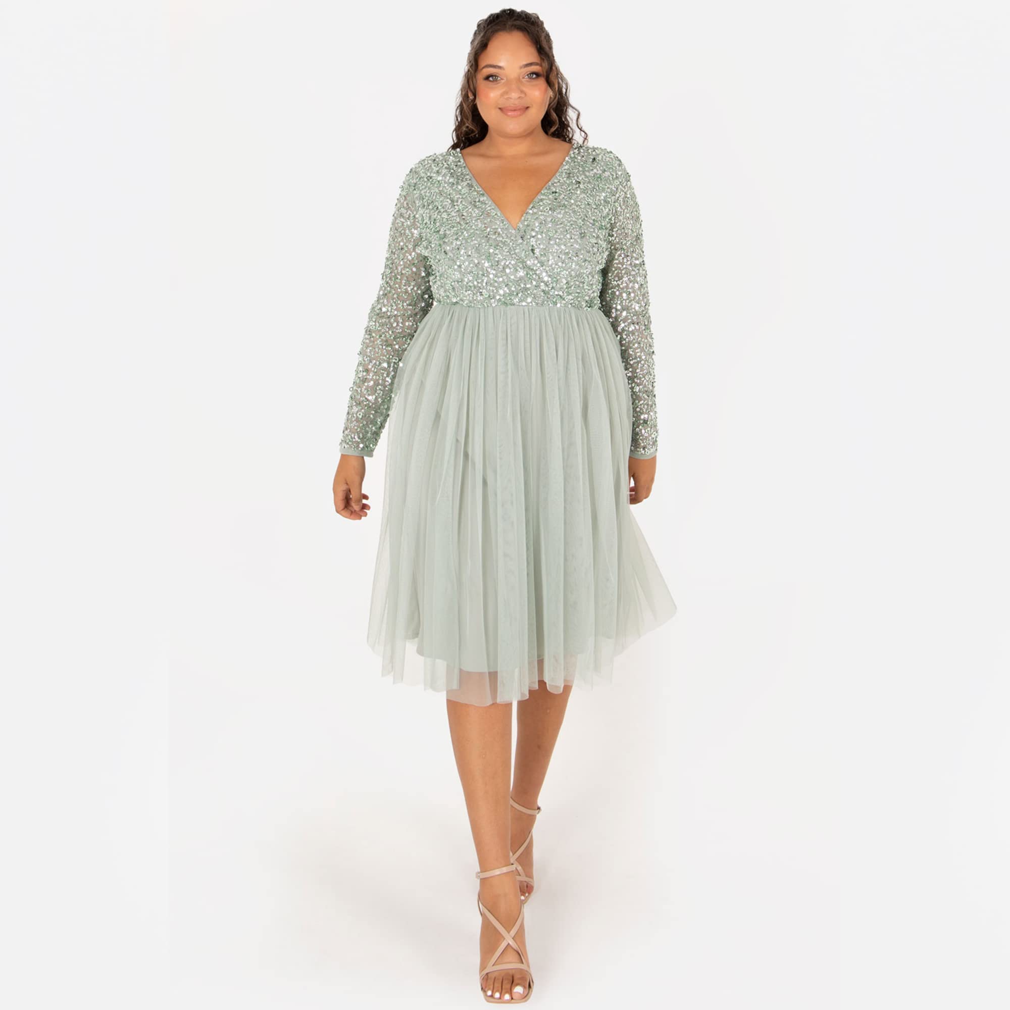 Maya Deluxe Women's Maya Faux Warp Front Embellished Midi Dress Bridesmaid