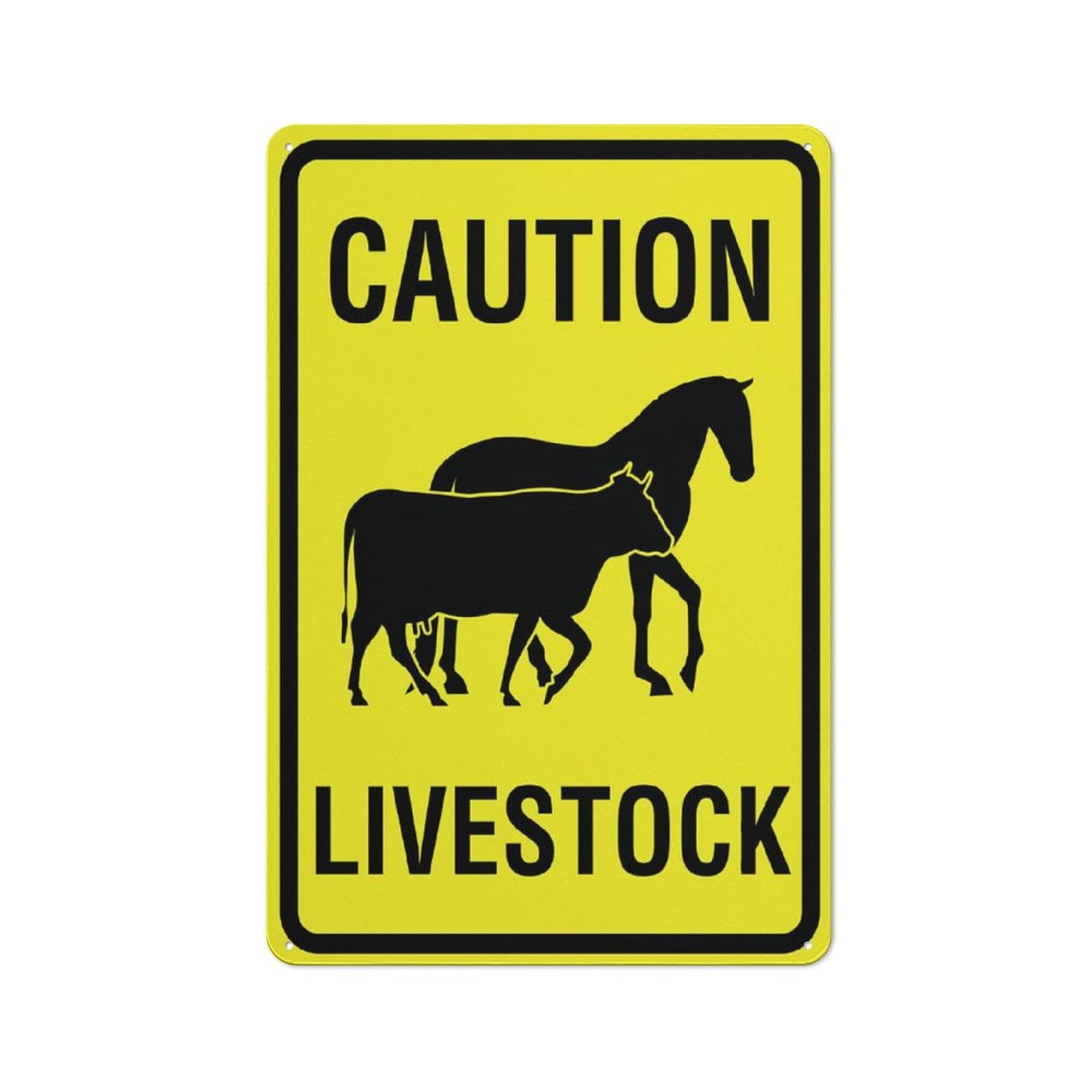 Caution Livestock (Horse & Cow) Bright Yellow Sign - Aluminum 12x8 inch, Pre-Drilled Holes for Easy Mounting, Indoor/Outdoor Use for Fence, Door & Gate