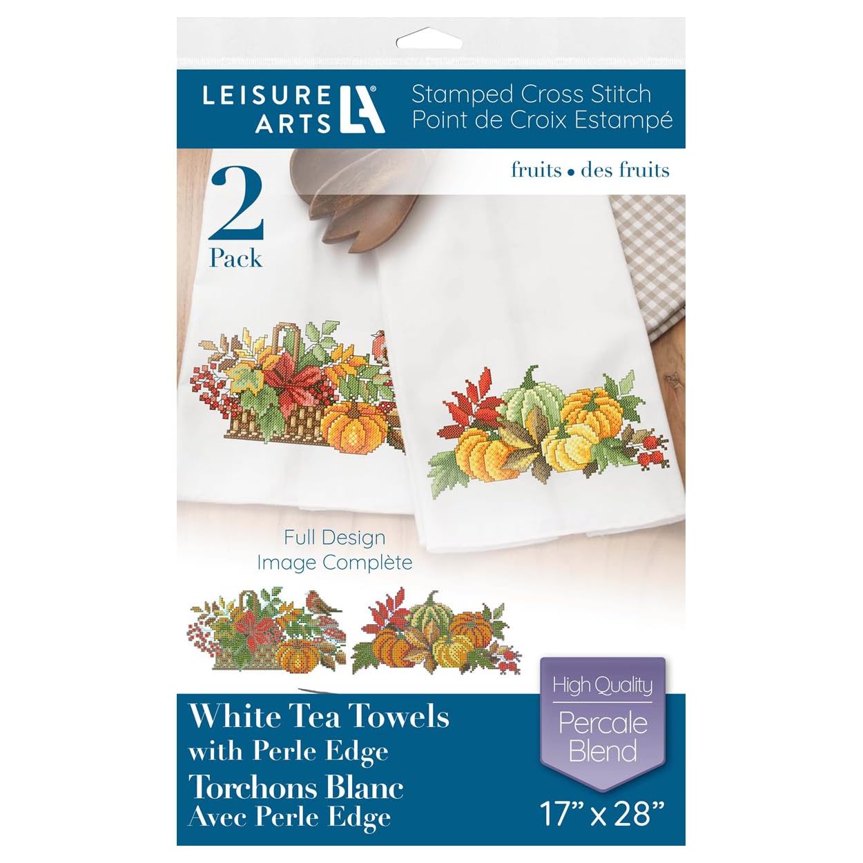 LEISURE ARTS Stamped Embroidery Tea Towels – 2 Pack Fruits Designs 17”x28” | Beginner Hand Embroidery Kit for Adults | Perle Edge Cotton Blend Towels