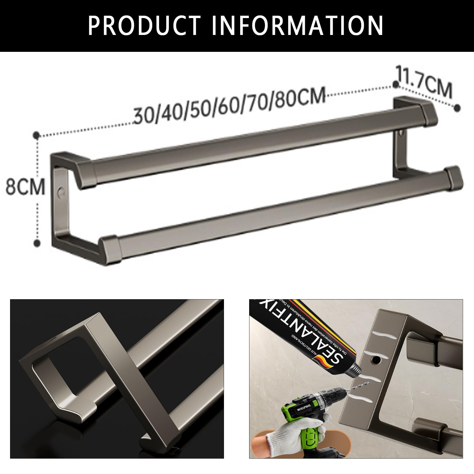Toallero doble autoadhesivo montado en la pared, sin taladrar, de aluminio, para baño, cocina y dormitorio, 30 cm, diseño de ahorro de espacio