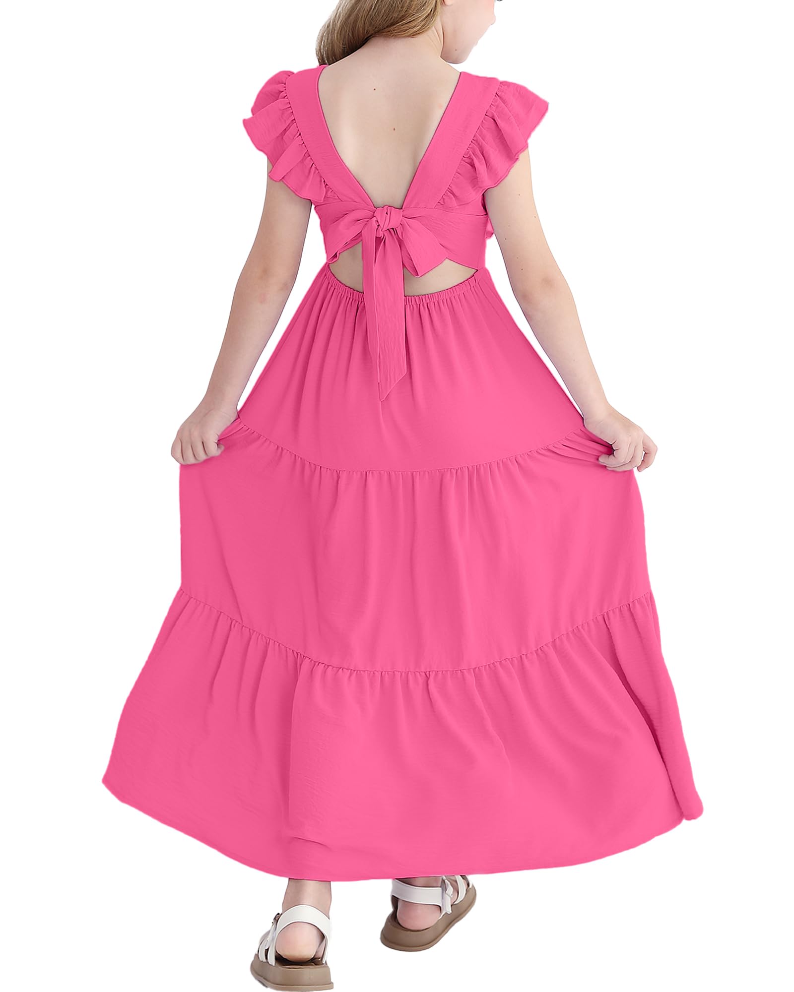 HIGHUZZA Girls Summer Dresses Tween Tie Back Ruffle Sleeve Kids Swing Flowy Casual Beach Maxi Dress
