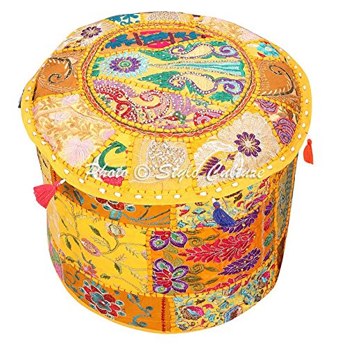 Stylo Culture Foot Stool And Pouffe Cover Ottoman Pouffe Seat Large Yellow Indian Embroidered Patchwork Cotton Traditional Round Fabric Pouf Ottoman Cover (22x22x13 Inch) 55cm (COVER ONLY) - Image 2