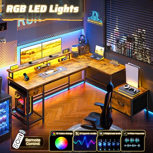 Image of DurayLoly 63 inch L Shaped Desk with 2 Drawers and Printer Stand,Bedroom,Brown | Large Computer Desk with Led Lights & Power Outlets,Monitor Stand and Storage Shelves,Corner Desk,Gaming, Work, Home Office