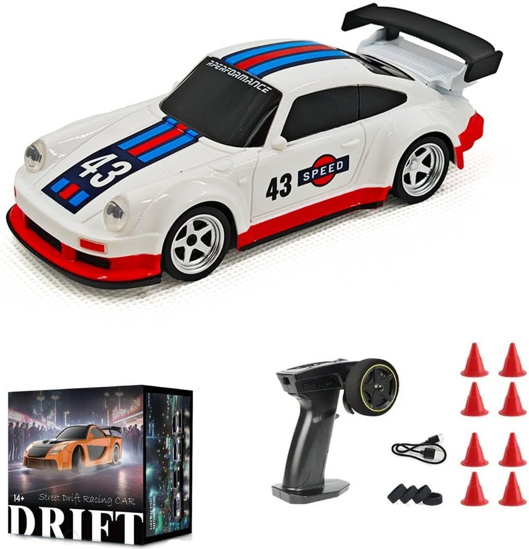 Aetheria 1/43 RC Drift Racing Car with Gyro, 4WD Fully Proportional Mini Electric Race Vehicle with LED Lights Remote Control High Speed Car for Adult Outdoor - Ready to Run (Red White)