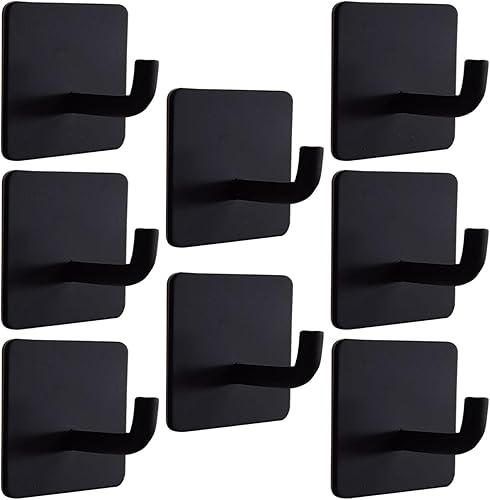 Ganchos adhesivos, paquete de 8 ganchos para toallasabrigos, ganchos adhesivos de pared para baño o cocina (extraíbles, sin daños, negro mate, acero