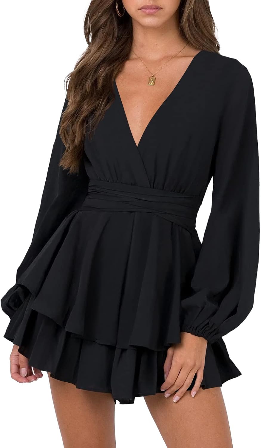 Nova In Sky Womens Sexy V Neck Long Sleeve Tie Waist Ruffle Hem Flowy Swing Mini Short Wrap Dress Black X-Small