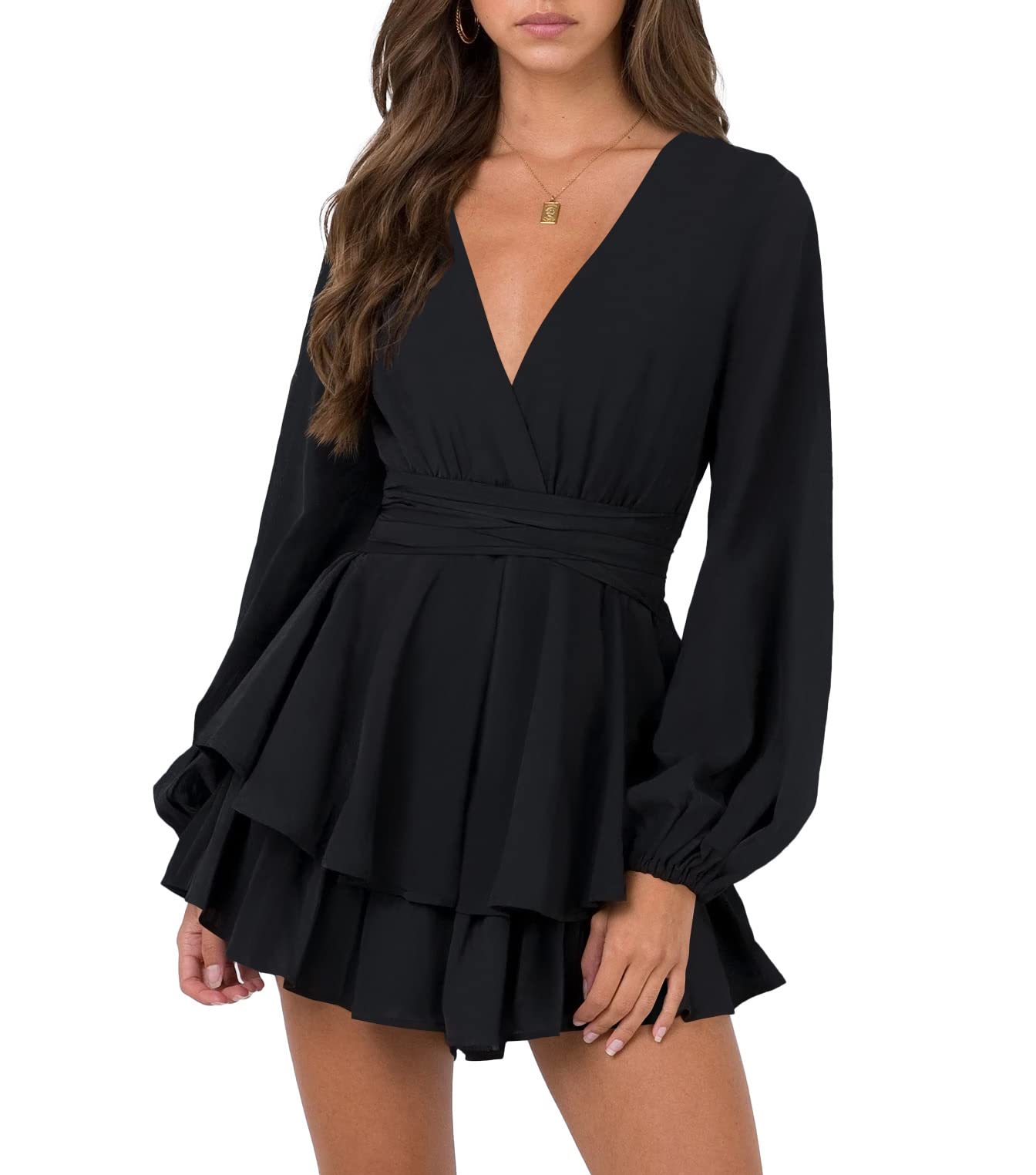Nova In Sky Womens Sexy V Neck Long Sleeve Tie Waist Ruffle Hem Flowy Swing Mini Short Wrap Dress