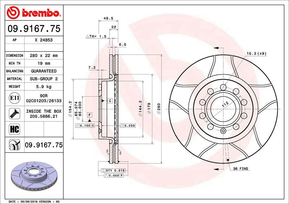 Brembo Max 09.9167.75 - Disco Freno Baffato (Set di 2) - Anteriore