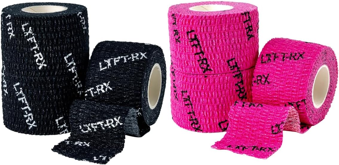 Tape Bundle - 3 Rolls Pink + 3 Rolls Black, 1.5 inch Size, Stretch Fit Hook Grip Tape w/Premium Adhesive for Olympic Weight Lift, Cross Fitness, Lifting, Protects Thumb Fingers & Enhances Grip
