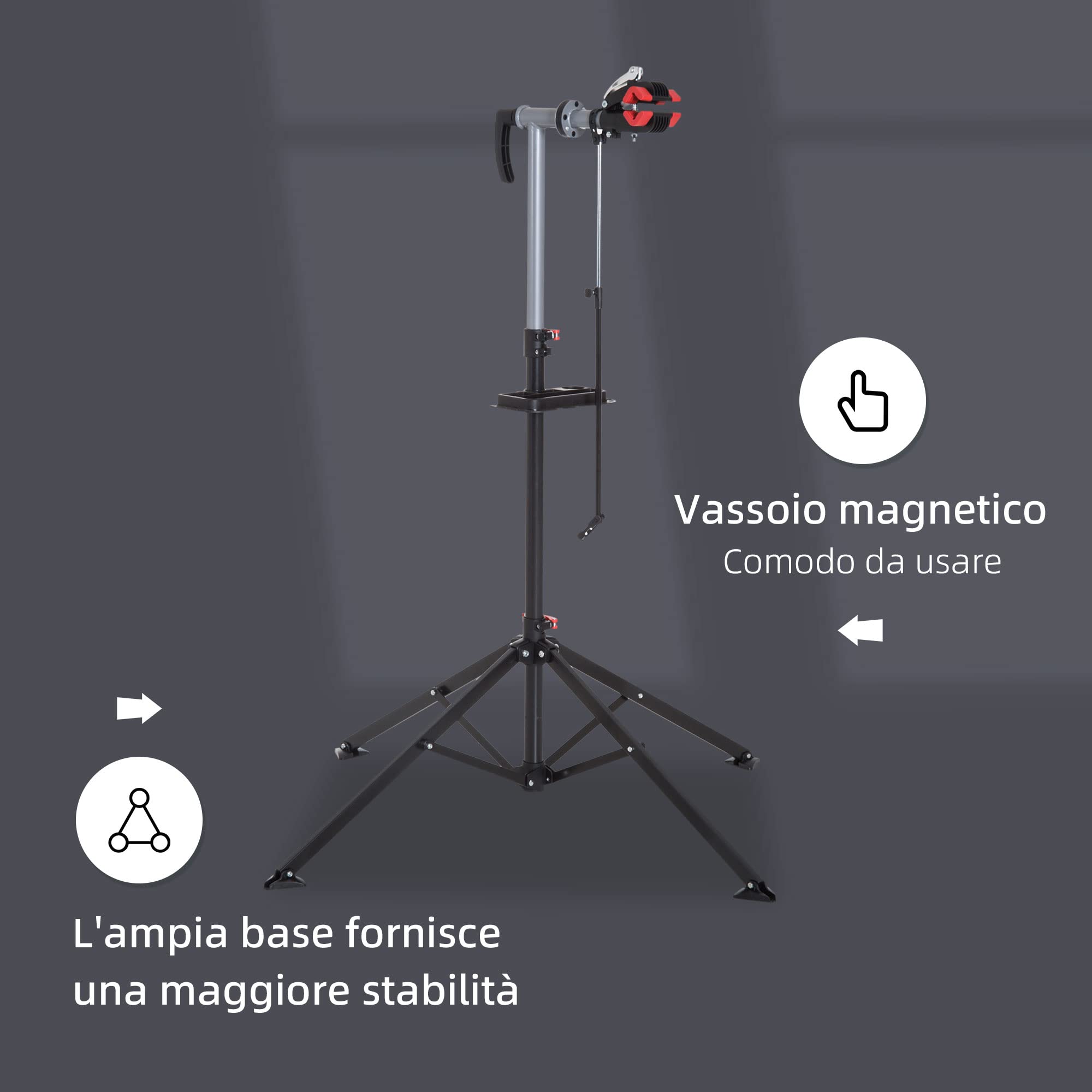 HOMCOM Cavalletto per Riparazione Bici, Cavalletto Bicicletta Pieghevole, Supporto per Manutenzione Bici Girevole a 360° con Vassoio Porta Utensili, Altezza Regolabile 109-180cm, Nero