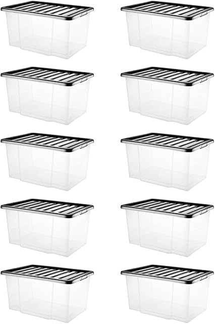 VTL® 10 X 50 LITRE PLASTIC STORAGE BOX QUALITY CONTAINER WITH BLACK LID (PACK OF 10)