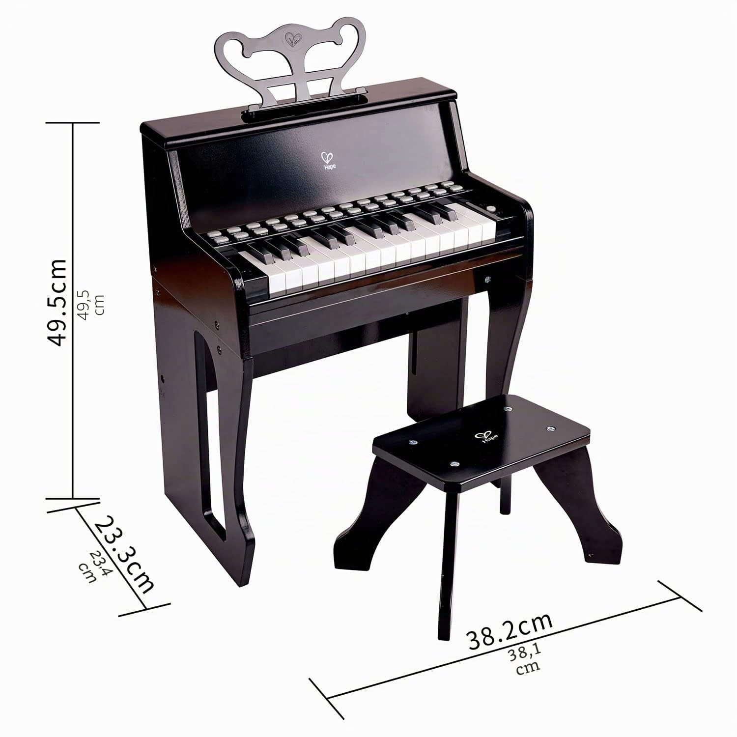 Hape Impara con le Luci - Piano Nero con sgabello | Pianoforte elettrico alto 50 cm con tasti che si illuminano per bambini dai 3 anni