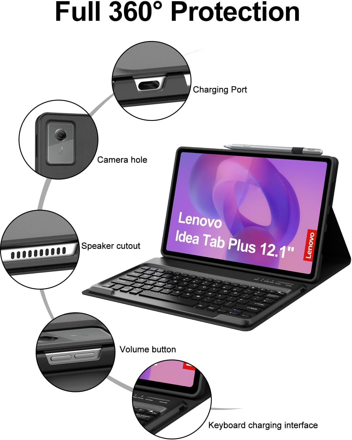 Keyboard Case for 2025 Lenovo Idea Tab Plus 12.1 Inch/Tab K12, Magnetic Detachable Wireless Keyboard & Premium PU Case with Pencil Holder for 12.1” Lenovo Idea Tab Plus/Tab K12 (TB361FU/TB361ZU)