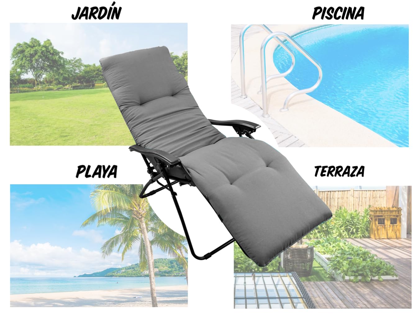CHELY INTERMARKET Cojín Acolchado 180x55x8cm Gris Exterior Tumbonas Sillas Jardín Terraza Cómodo Poliéster Respaldo Largo Palets Reclinables Sujeción Elástica Vacaciones
