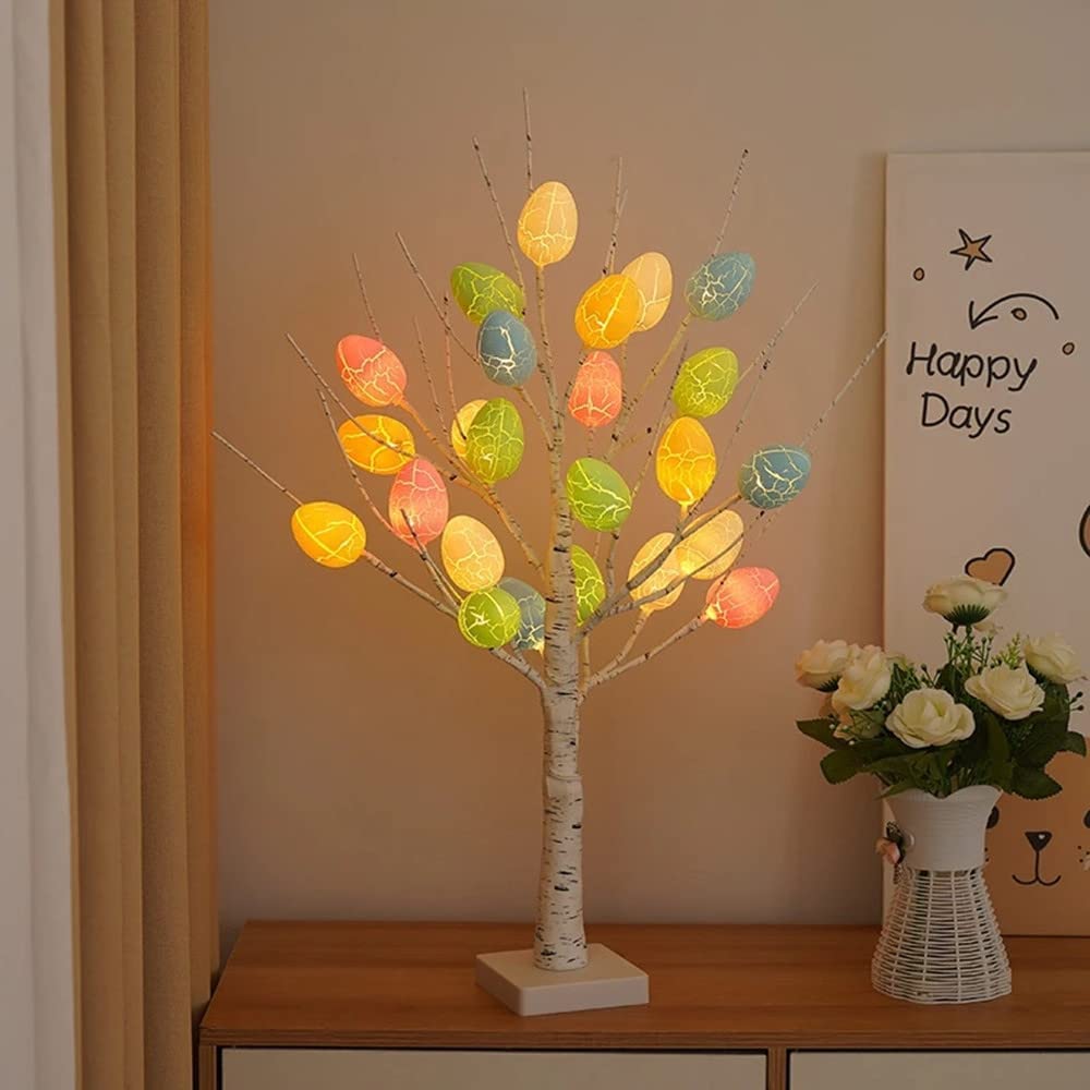 TRIXES White Light Up Artificial Tree for Easter, Home Décor and More - Battery powered Indoor Ornament/Lamp for Tables - Birch Wooden Effect with LED Light up Pastel Coloured Easter Eggs