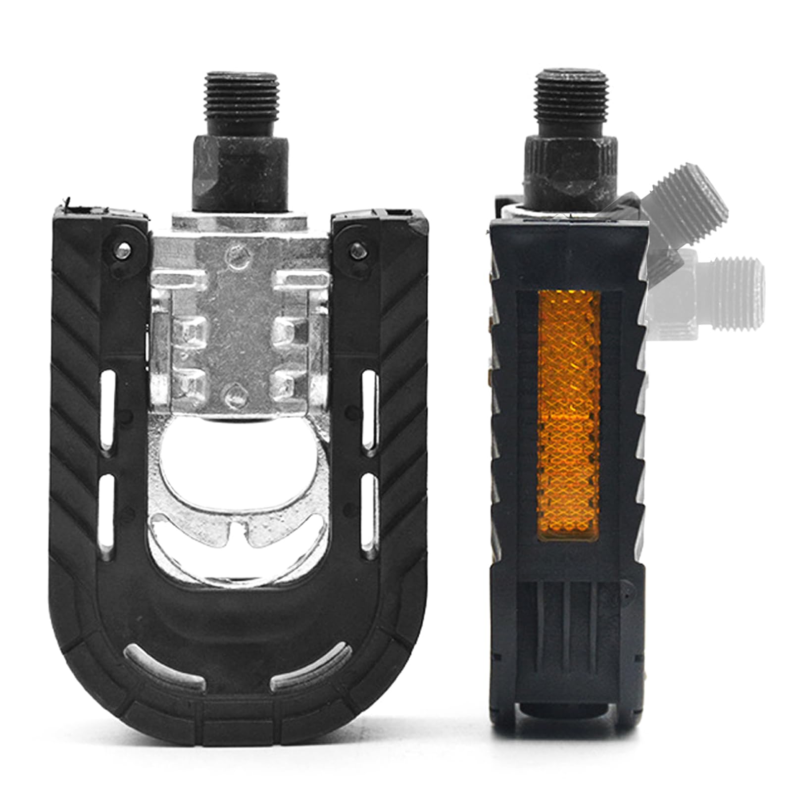 1pair Folding Bike Pedals Mountain Bike Pedals 9/16'' w/Reflective Strips Black+silver