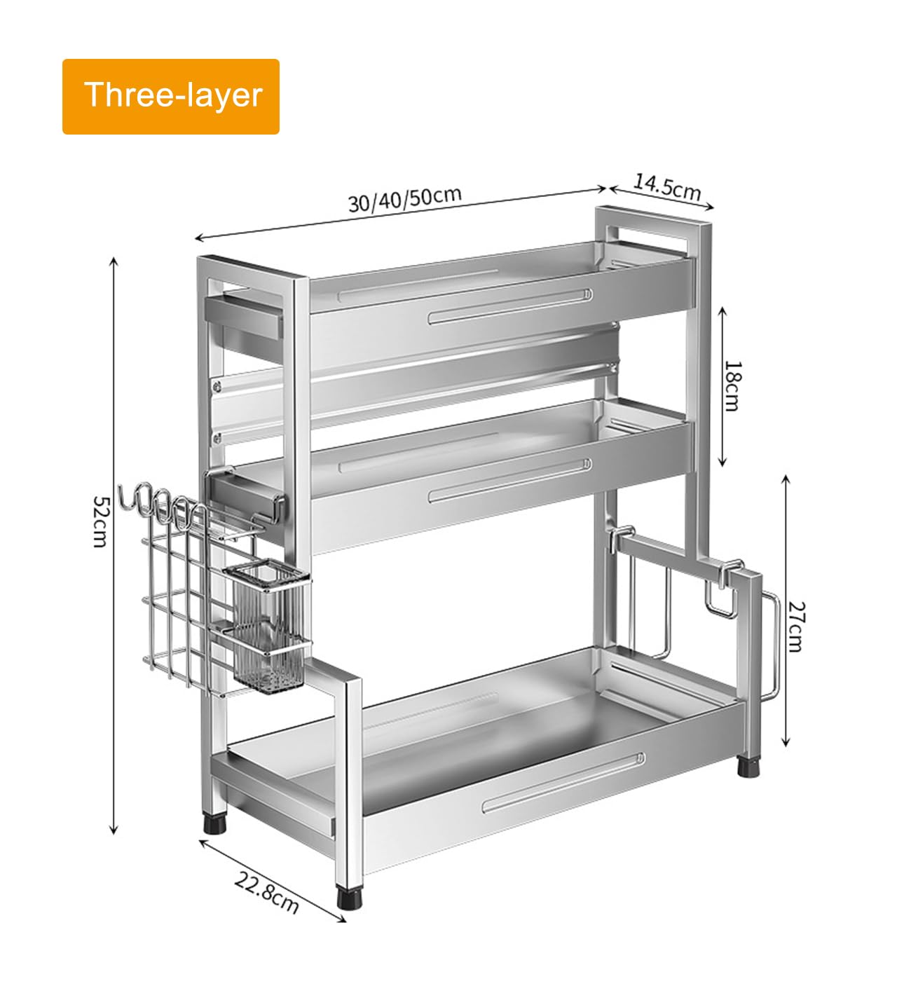 Étagère à épices à 3 niveaux pour comptoir de cuisine, étagère de rangement sur pied, organiseur de bureau, étagères de rangement en acier inoxydable, pour cuisine, salle à manger, B, 50 cm