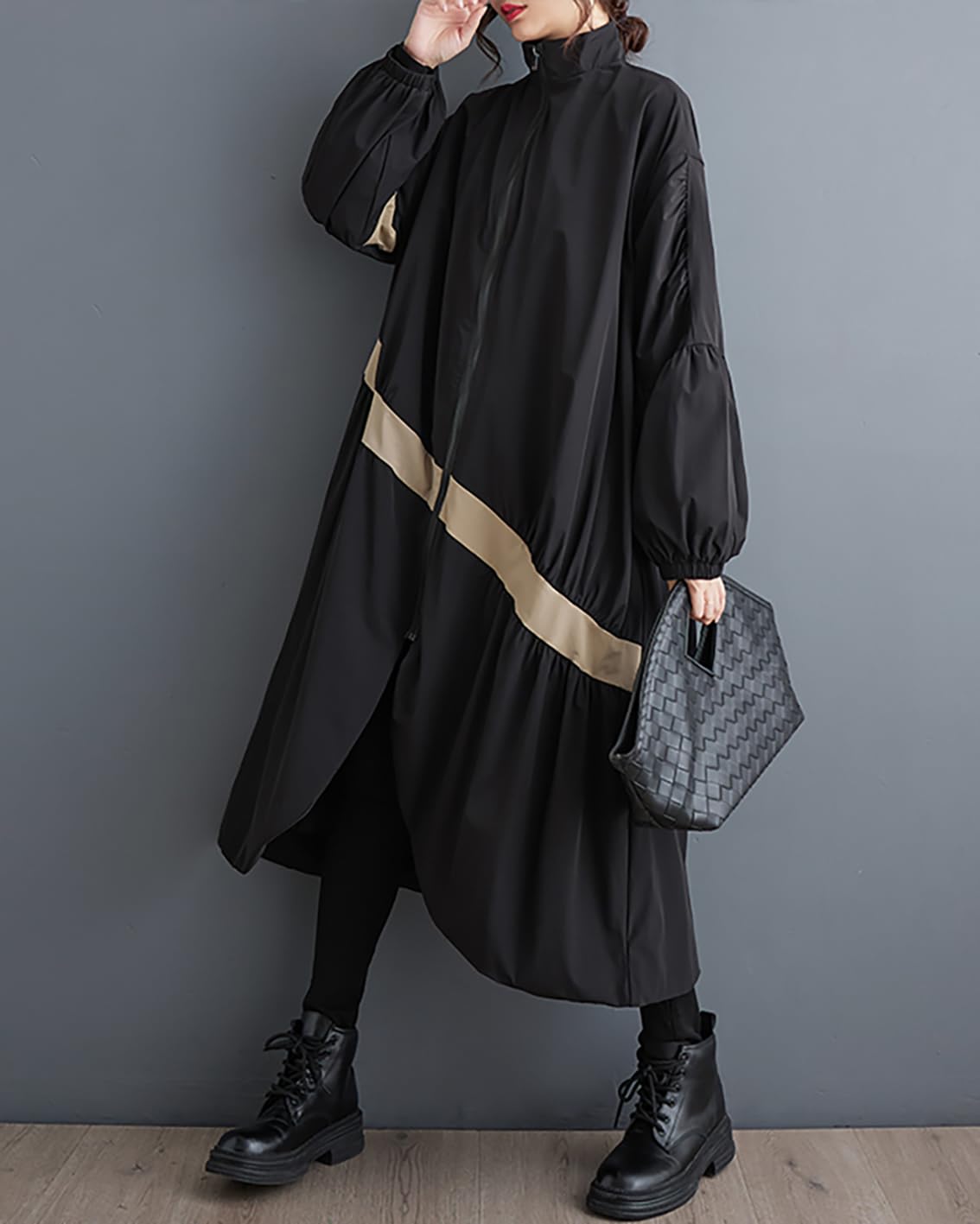 ellazhu Manteau Femme Col Montant Manches Longues Surdimensionné Fermeture Éclair Long Ourlet Fendu Imprimé Vêtement d’extérieur Poches Latérales GZ667