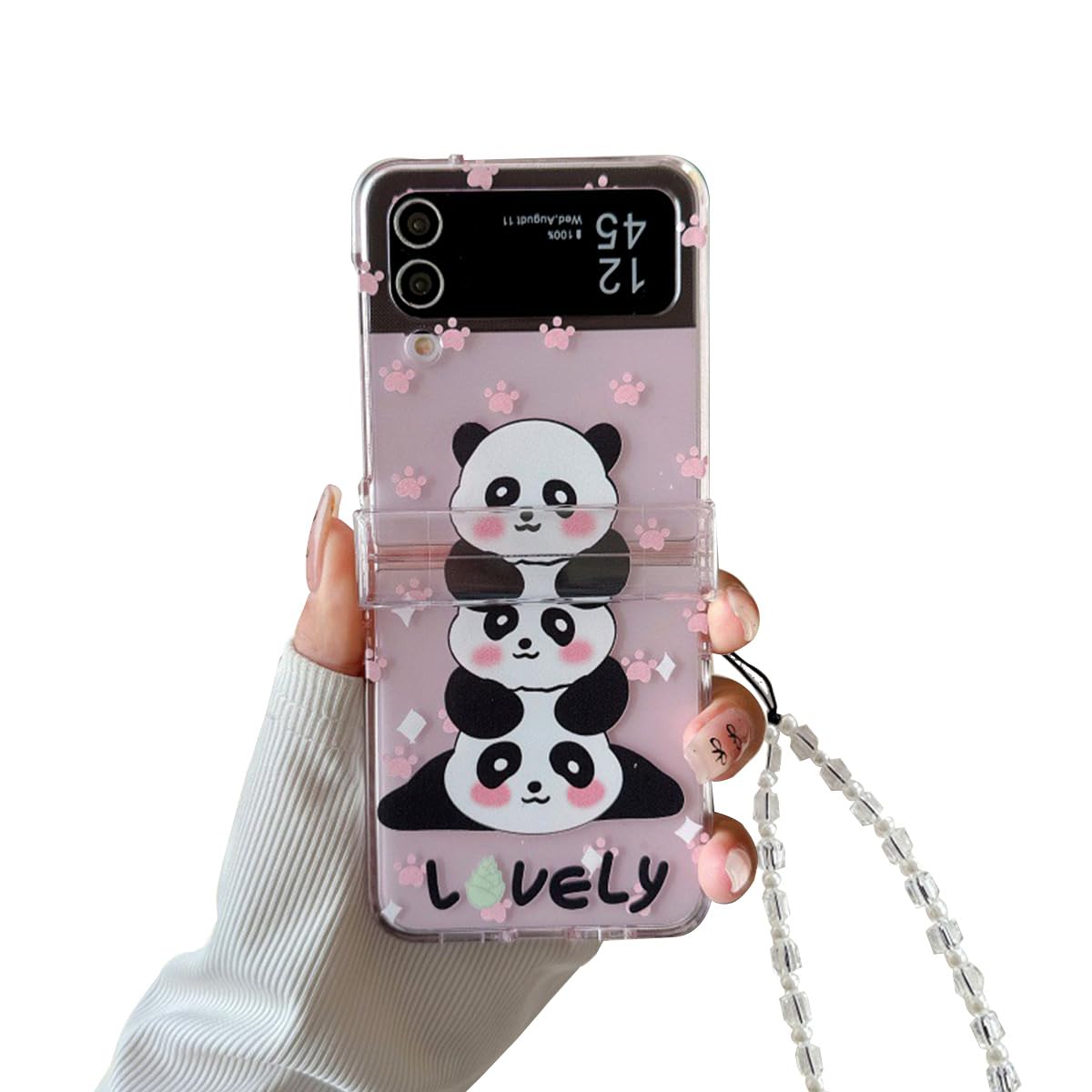 GO-VOLMON Girls Strap Case for Samsung Galaxy Z Flip 4 Cute Panda Print, Woman Cartoon Cover Hinge Protector and Chain, Girly Lovely Case for Galaxy Z