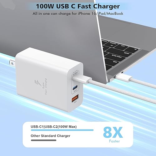 Miniatura 2 de Cargador USB C de 100 W, paquete de 2 cables tejidos USB C a C de 140 W, cable trenzado de 6 pies, 100 W, tipo C, bloque de cargador para MacBook
