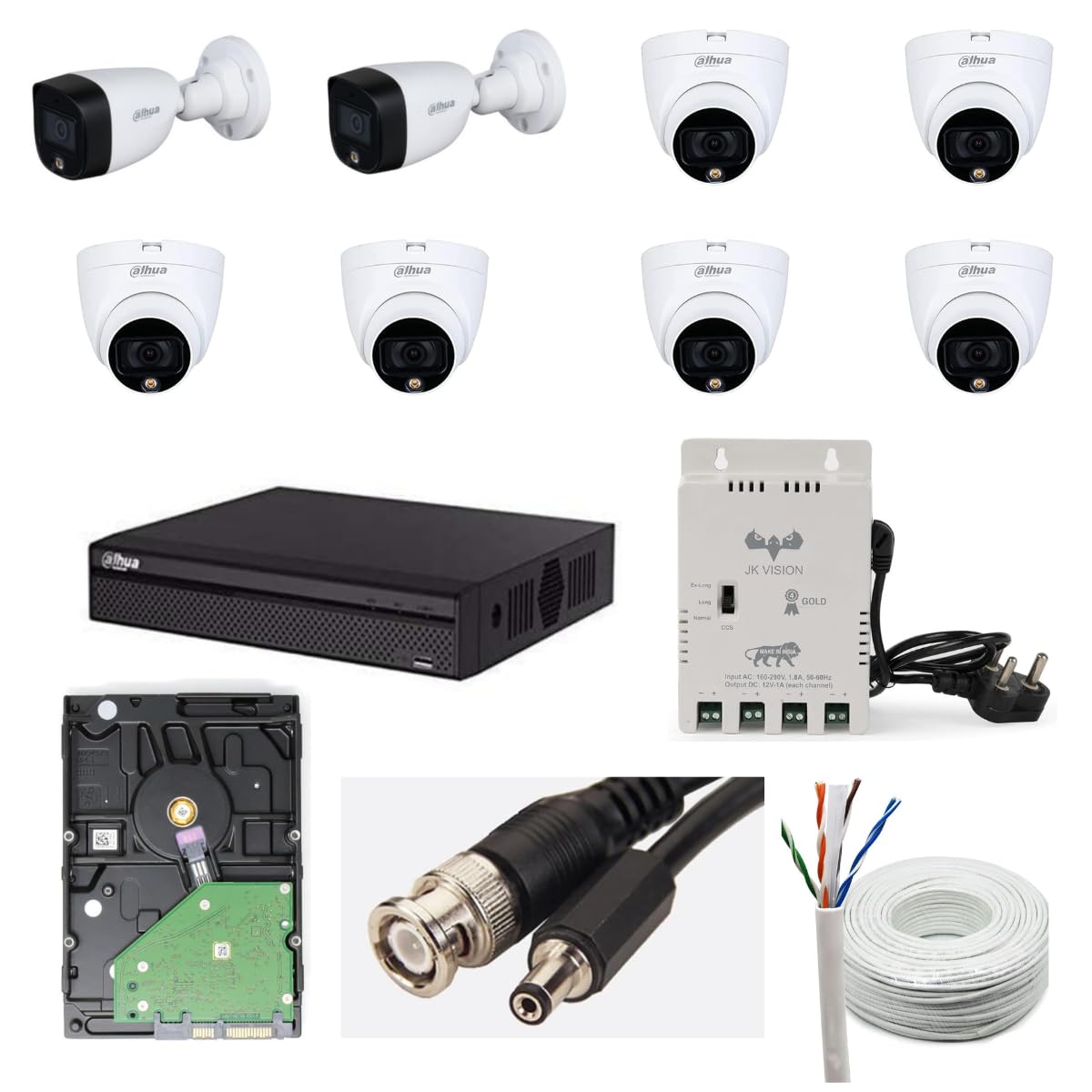 Dahua 2MP with Color HD with Audio CCTV Camera Full Set, 2 Bullet, 6 Dome, 8 Channel DVR, 8 Channel JK Vision Power Supply, 1TB Hard Disk, 90 Meter Cable, BNC/DC Connector