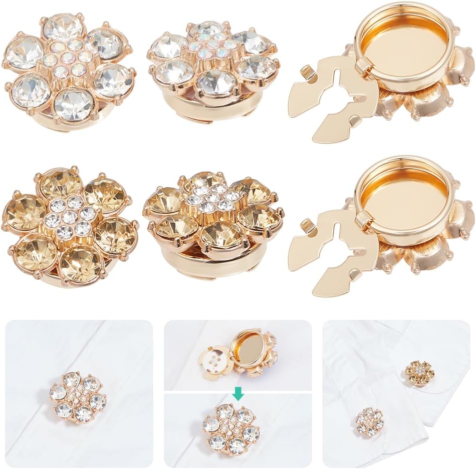 NBEADS Set of 4 2 Colors Rhinestone Button Covers 2.4 x 2.3 cm Removable Shirt Sleeve Cufflinks Made of Rhinestones for Sewing Clothing Embellishments Gold and Clear