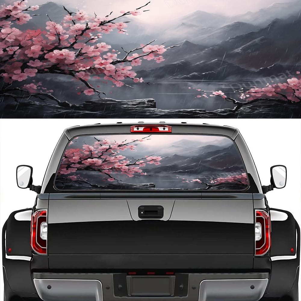 Colourful Cherry Blossom Rear Window Decals for Trucks, Rain Nature Pink Plant Back Window Tint Graphic Perforated Vinyl Truck Stickers,Pickup Window Decal 66 x 22 inch