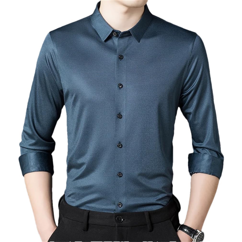 Generic Men Solid Glossy Dress Shirt Short Sleeved Casual Spring Smooth Comfortable Casual Shirts