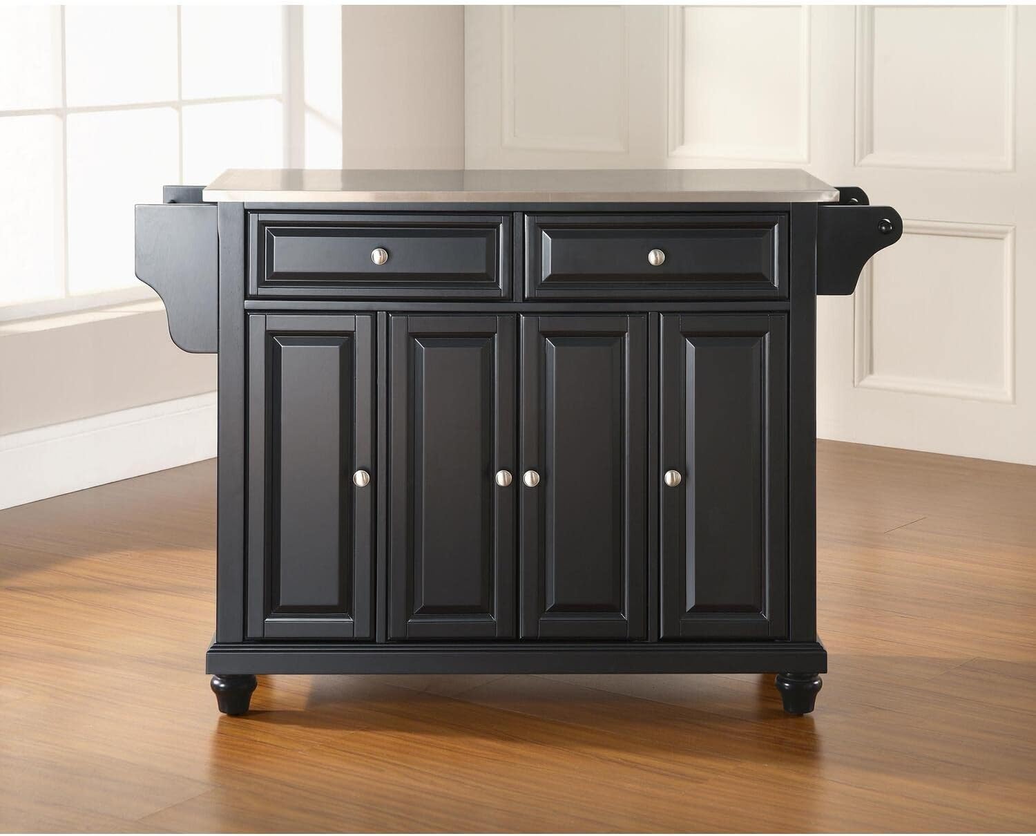 HomeStock Kitchen Island with Storage Full Size Countertop Modern Kitchen Furniture Black/Stainless Steel Top