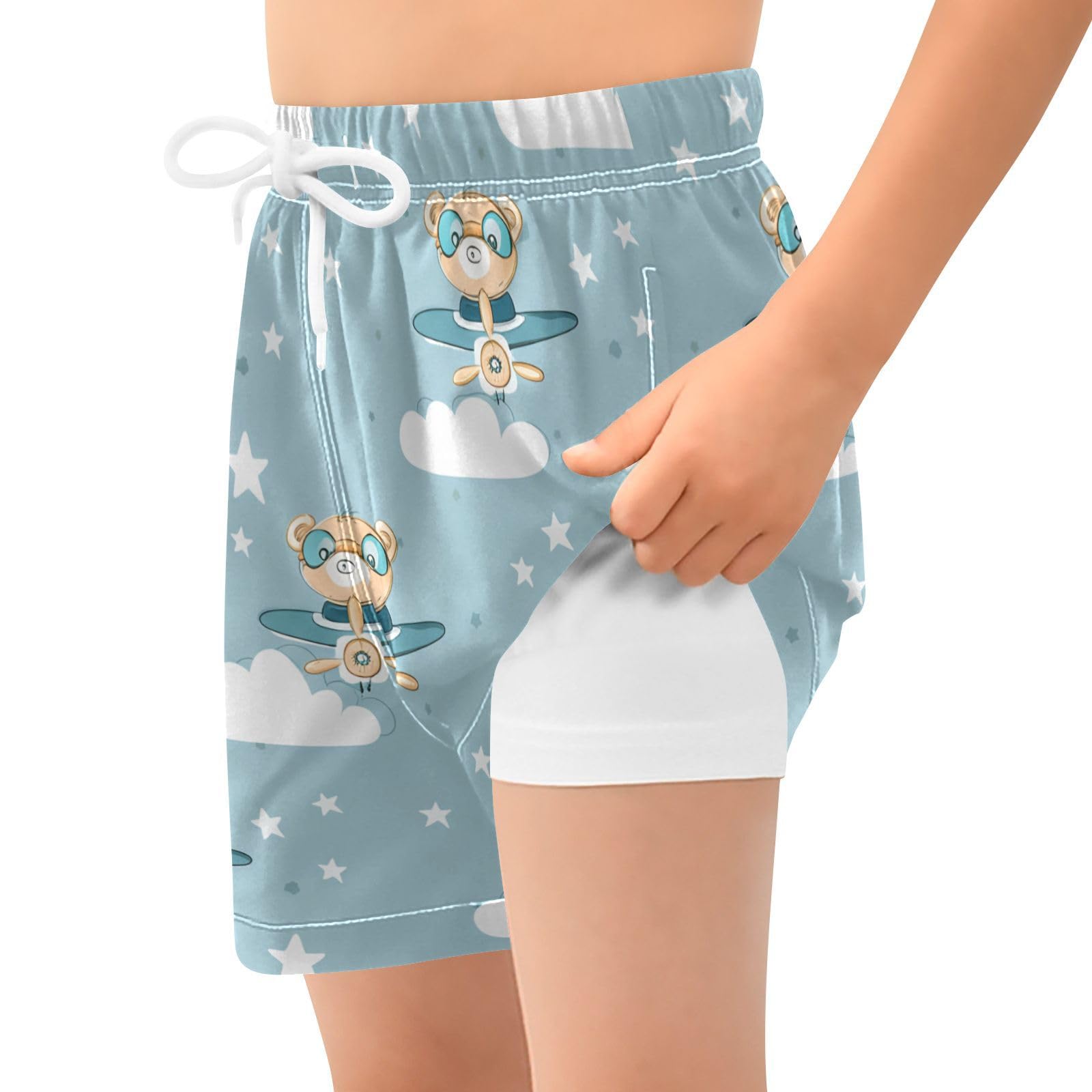 YANENDIE Boy Swim Trunks with Compression Liner Bears Goggles Pattern Boys Swim Shorts Quick Dry Beach Shorts