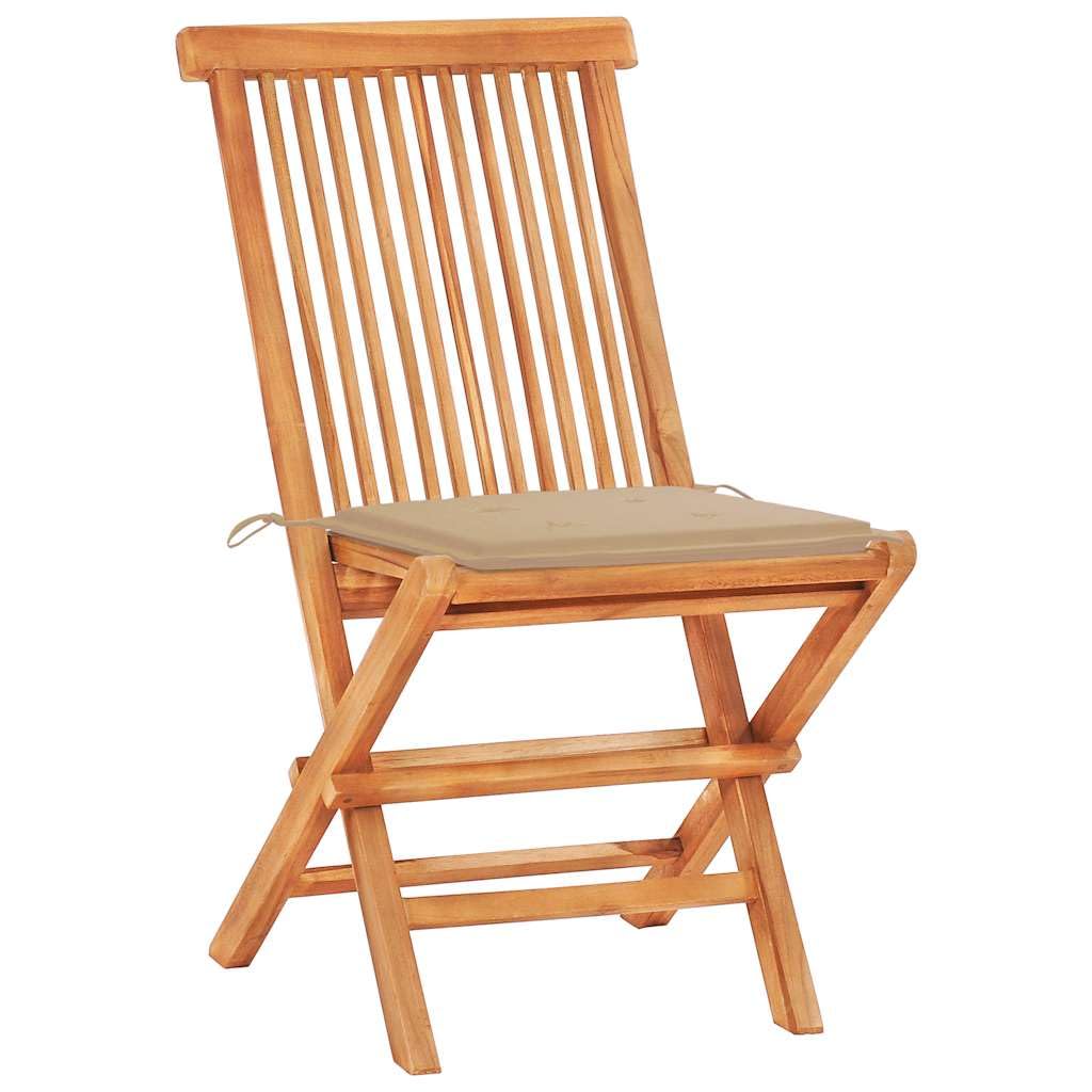 Set da bistrot in legno massello di teak con cuscino beige, tavolo pieghevole e sedie per giardino, terrazza, balcone