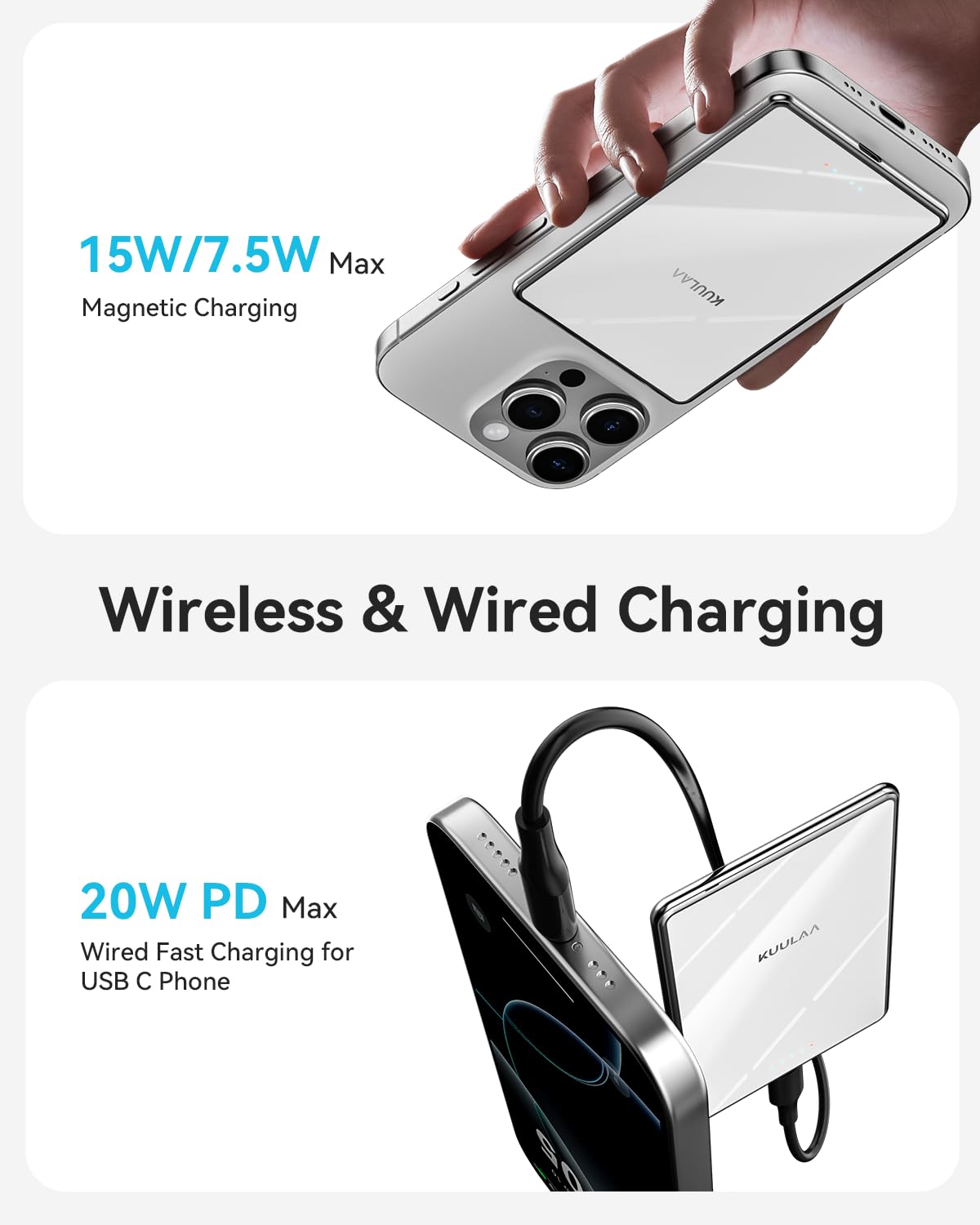 Power Bank Per iPhone, Kuulaa PowerBank Magsafe 5000mAh Ultra Slim 6.9mm Power Bank Magnetico,20W Ricarica Rapida Caricatore Portatile con USB-C per iPhone 16/15/14/13/12/Pro/Plus/Max Series (White)