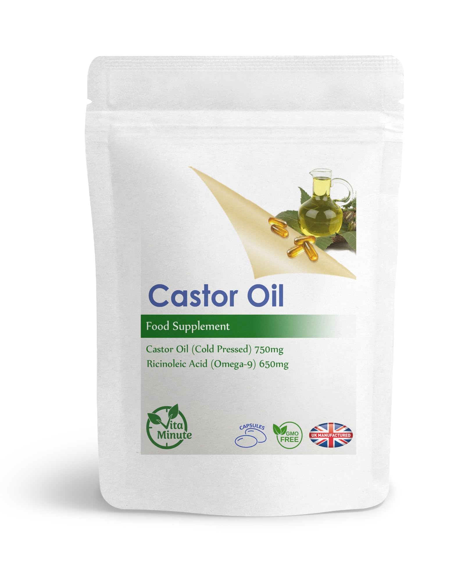 Castor Oil 750mg Softgel Capsules | Natural Laxative and Digestive Supplement | Natural Omega-9 | Skin and Digestive Health (Pack of 30)