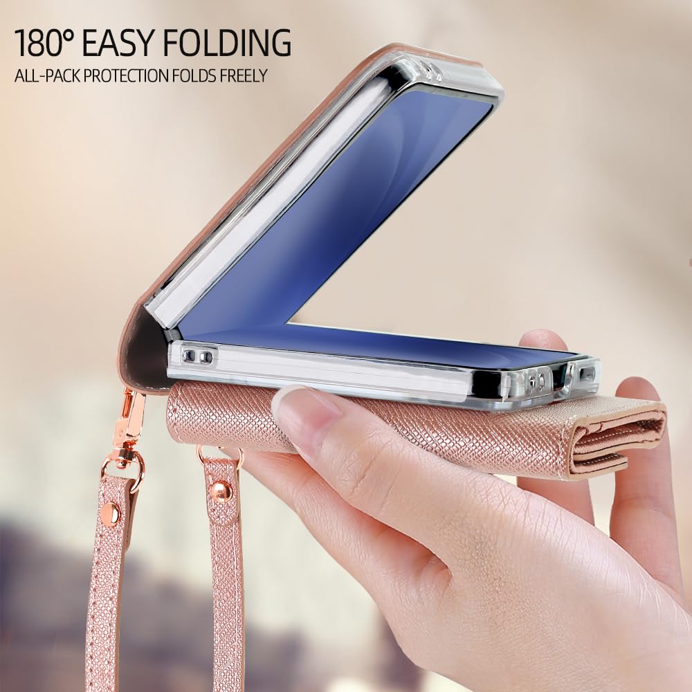 Etui do Samsung Galaxy Z Flip 8 Accordion Crossbody Wallet, gniazdo na karty o dużej pojemności, zdjęcie w oknie, stylowe i wszechstronne akcesoria. (Rose Gold)