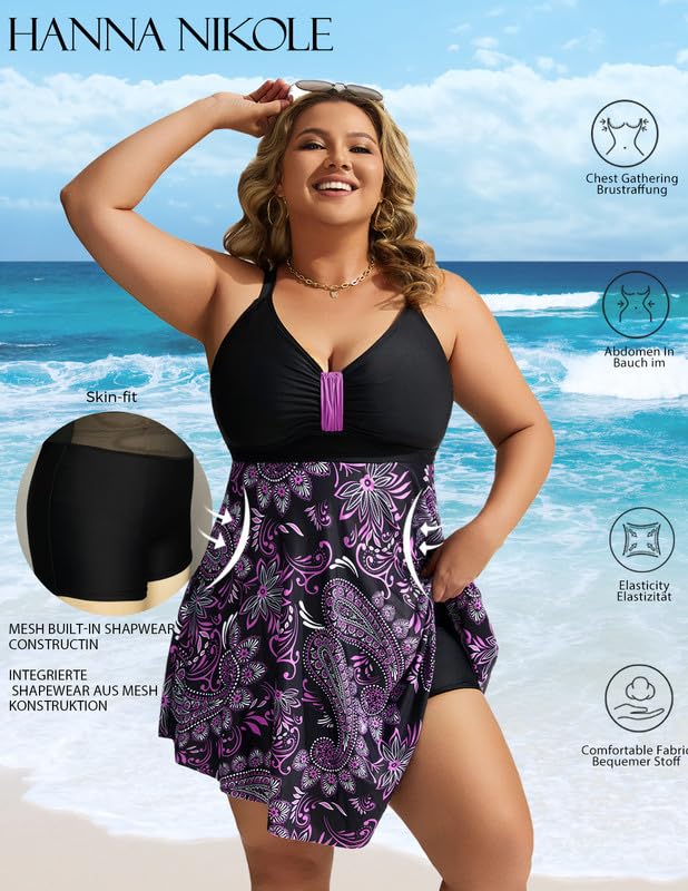 Hanna Nikole Badeanzug FüR Mollige Damen GroßE GrößEn Badekleid Einteiler Shape Bademode GerüSchter Schwimmanzug Weiche Bauchweg Strandmode Mit Badeshorts &Verstellbarer Schultergurt 4