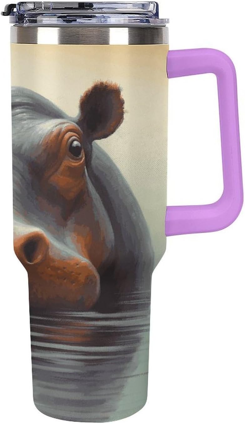 Hippo Travel Coffee Mug Reusable Durable Stainless Steel Insulated Tumbler with Handle And Straw Leak Resistant Portable Thermal Cup Gifts for Men Women 40 Oz