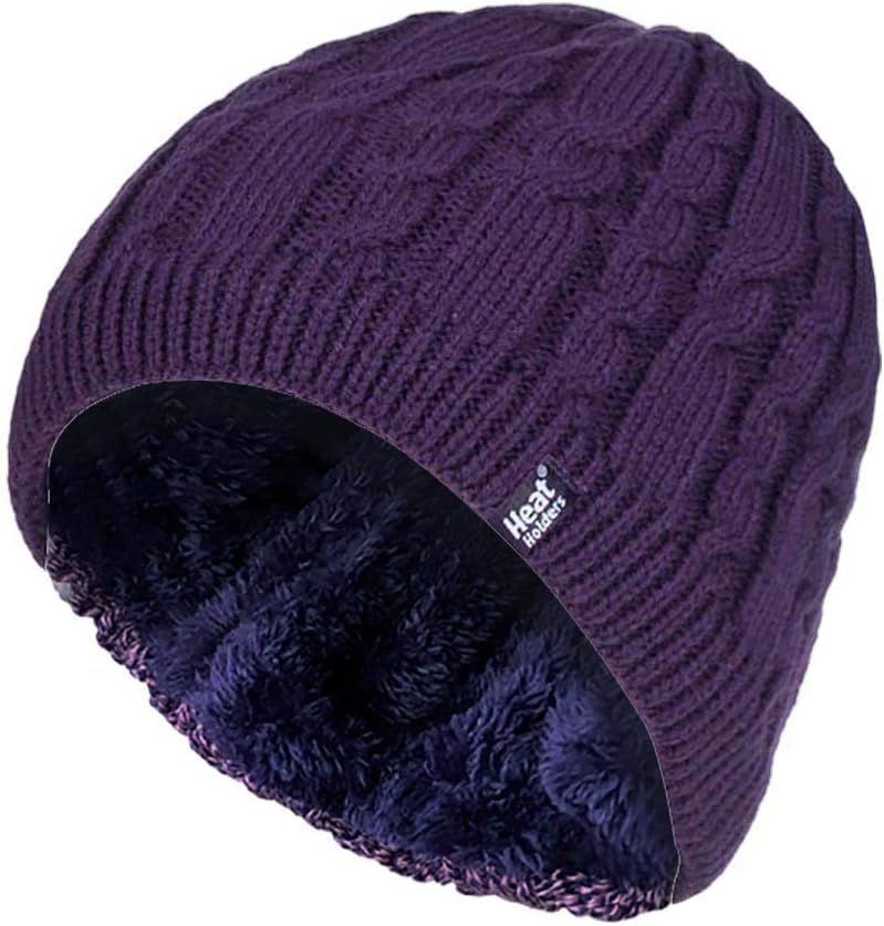 HEAT HOLDERS - Womens Ribbed Cable Knit Fleece Lined Thermal Knitted Beanie Hat
