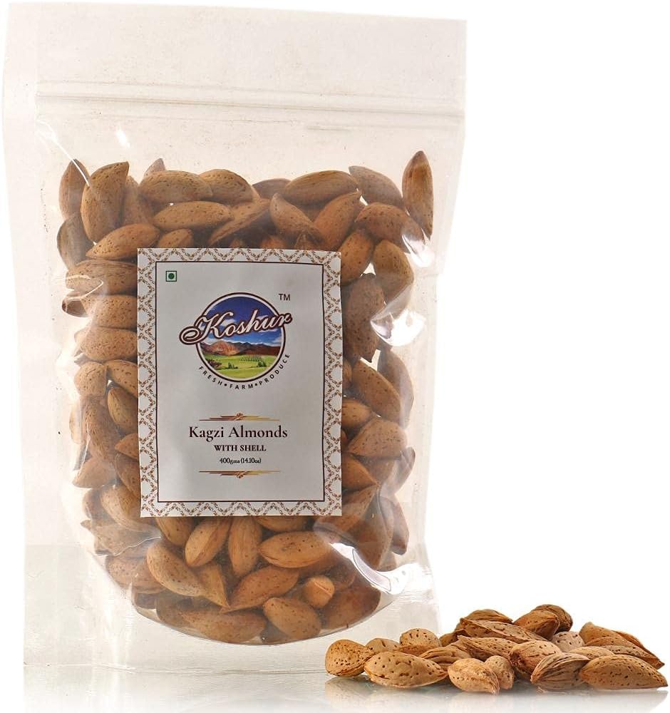 Koshur Kashmiri Kagzi Almond/Badam with Shell (Pack of 1) 400g, 100% Natural, Rich in Protein, Magnesium, Vitamin E, and Dietary Fibre, Premium Nuts & Dry Fruits