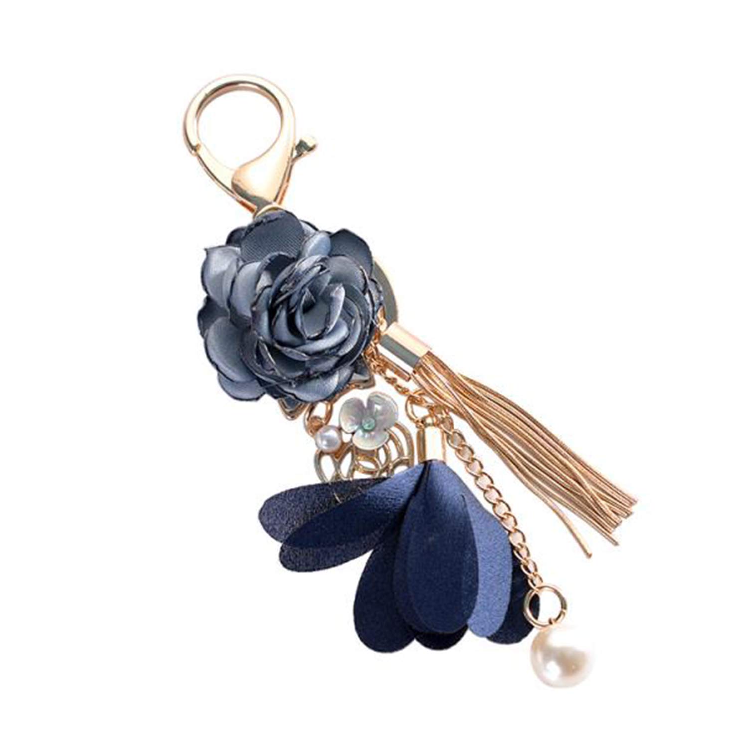 ZOONAI Flower Tassel Keychain Pearl Car Keyring Holder Purse Handbag Pendant (Blue)