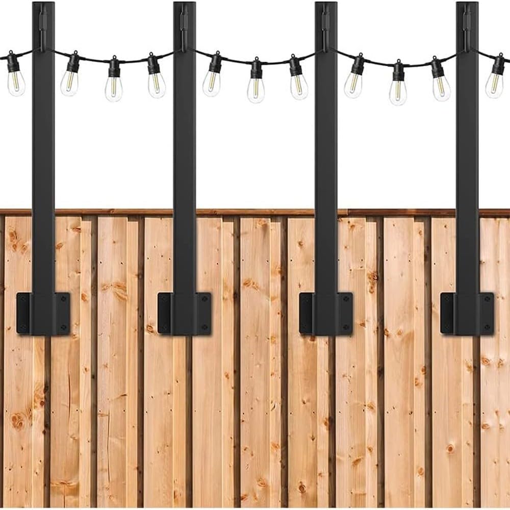 Lot de 4 poteaux lumineux en métal avec clips et crochets, support d'éclairage robuste pour jardin, terrasse, clôture, mur, kit de montage de poteau extérieur noir