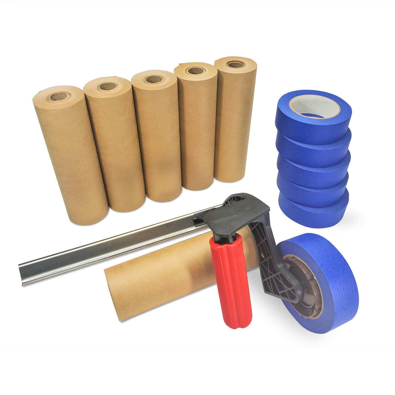 IDL Packaging All-You-Need Masking Kit 9 x 60 Yards Brown Masking Paper (6 Rolls) & 1.41 x 60 Yards Blue Tape (6 Rolls) & Manual Paper/Tape Dispenser (Built-in Blade)